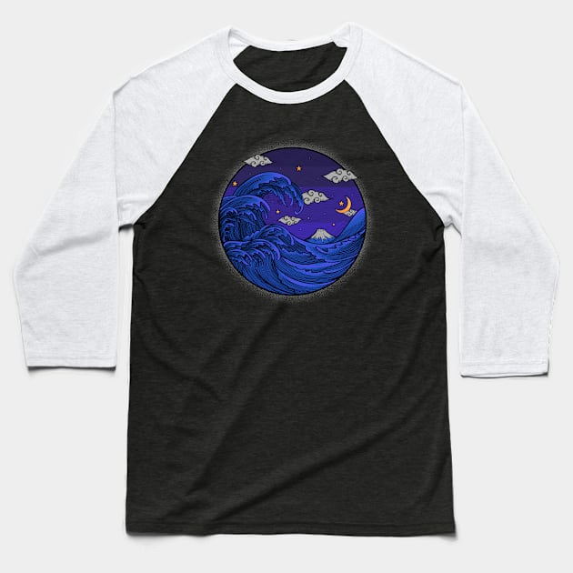 the great wave at night-engravings style Baseball T-Shirt by Jipau